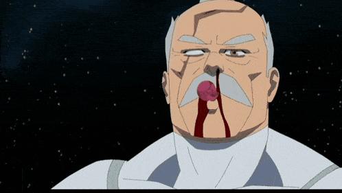 a cartoon of a man with a mustache and blood running from his nose
