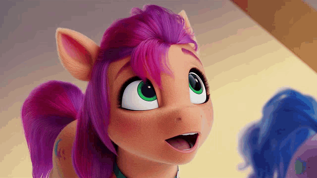 a cartoon pony with pink hair and green eyes is looking up