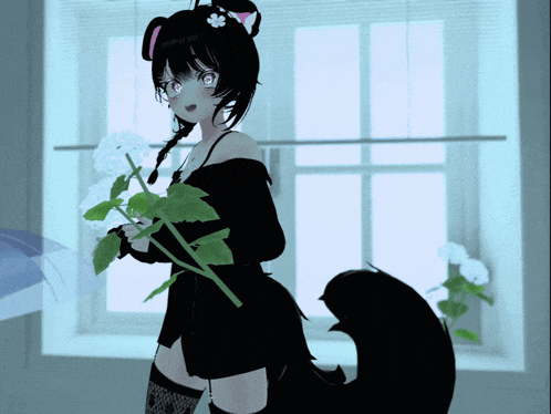 a girl with a black tail is holding a flower