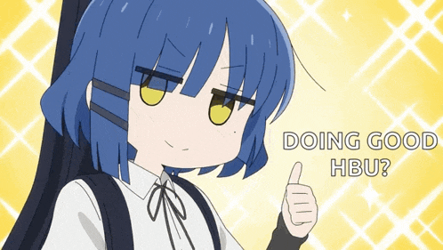 a girl with blue hair is giving a thumbs up with the words doing good hbu behind her