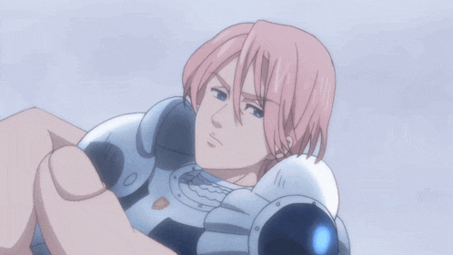 a cartoon character with pink hair is wearing a white armor