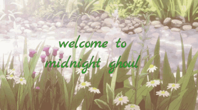 a sign that says welcome to midnight ghoul is surrounded by flowers