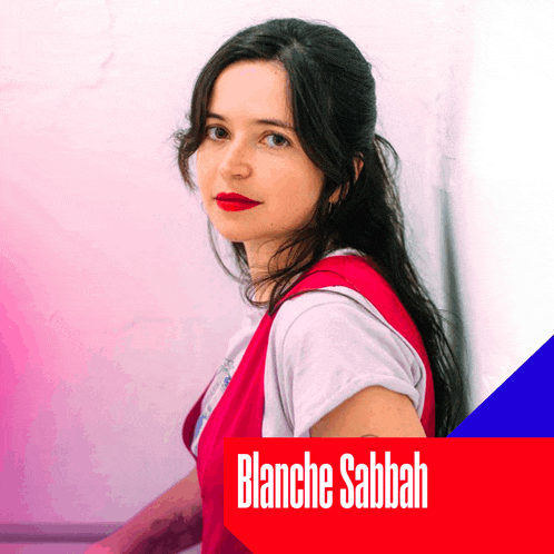 a picture of blanche sabbah with a red and blue border