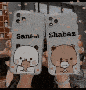 a person is holding two phone cases with the names sanam and shabaz on them .