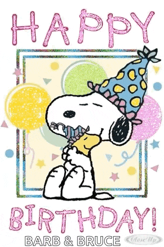 a birthday card with snoopy wearing a party hat and balloons