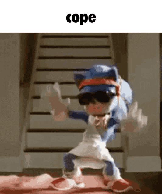 a cartoon character is dancing on a set of stairs wearing sunglasses and a dress .