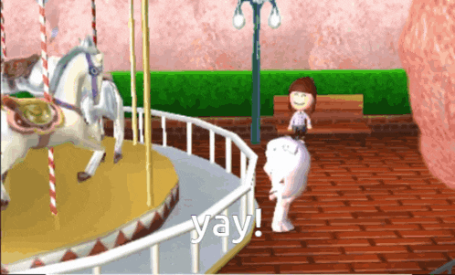 a video game shows a merry go round with the words yay on the bottom