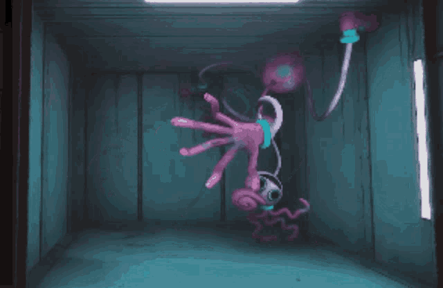 a cartoon character with long arms and legs is standing in a room