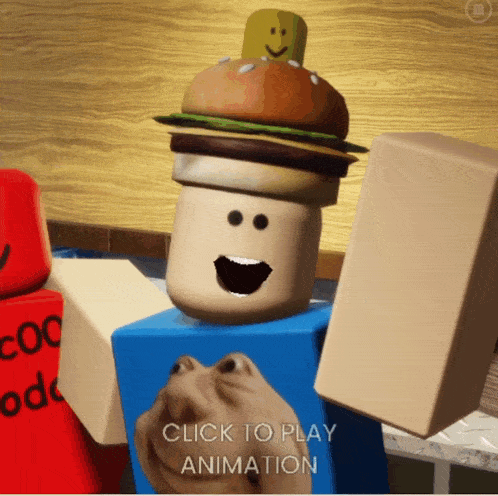 a roblox character with a hamburger on his head and the words click to play animation below him