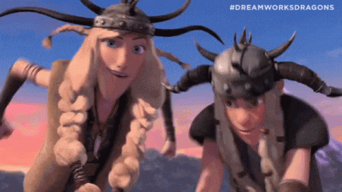 two cartoon characters wearing horned helmets are standing next to each other and smiling .