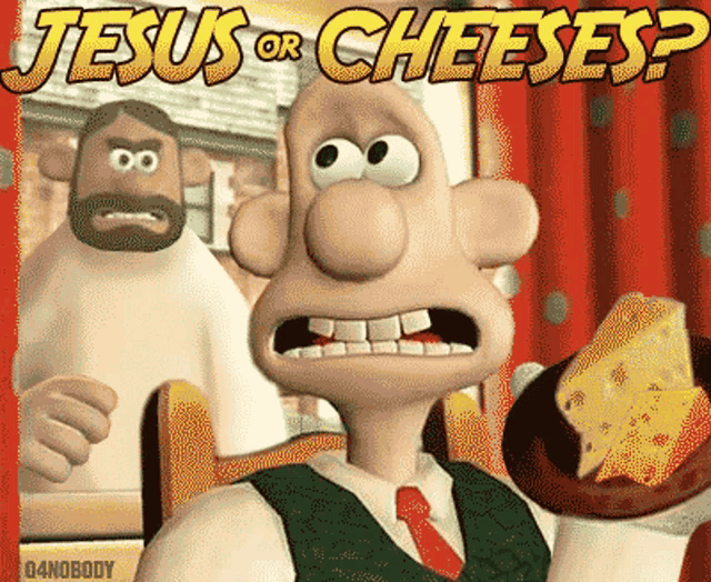 jesus or cheeses poster with a cartoon character holding a slice of cheese
