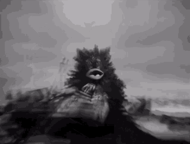 a black and white photo of a monster with a huge head