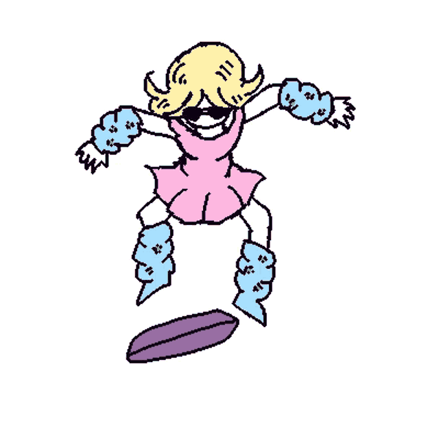 a pixel art drawing of a girl in a pink dress jumping in the air