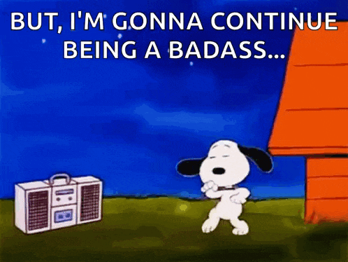 a cartoon of snoopy dancing in front of a boombox that says but i 'm gonna continue
