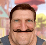 a man with a mustache is smiling in front of a cartoon background .