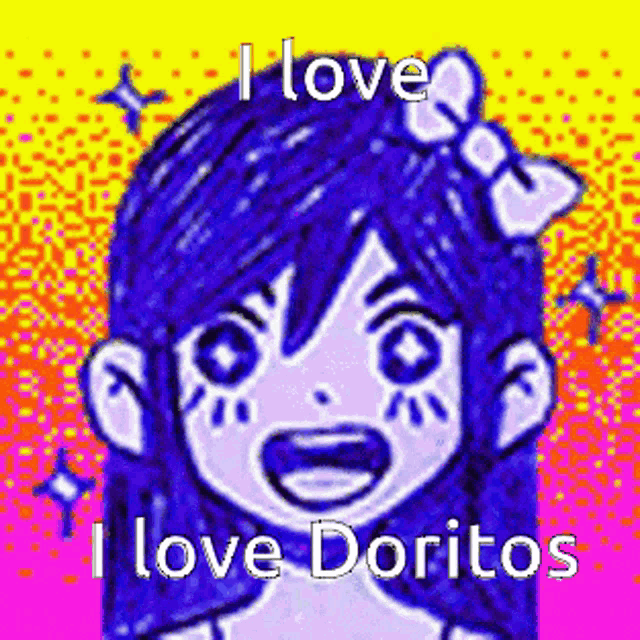 a drawing of a girl with a bow on her head says `` i love doritos '' .