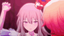 two anime girls are standing next to each other and one of them is wearing a red hat .