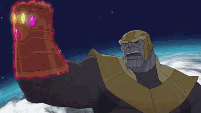 a cartoon of thanos holding a red glove with purple and yellow gems