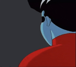 a cartoon character with blue hair and a red shirt is looking over his shoulder