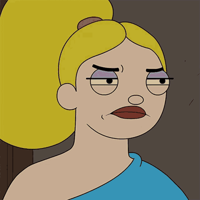 a cartoon woman with blonde hair and purple eyes