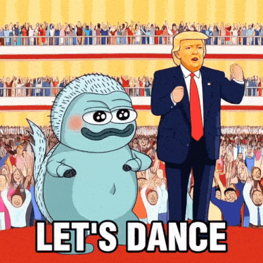 a cartoon drawing of donald trump and pepe the frog with the words let 's dance below them
