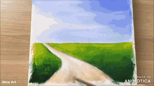 a painting of a road going through a grassy field is made in animatica