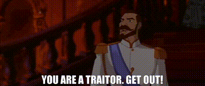 a cartoon of a man with a beard saying you are a traitor . get out .