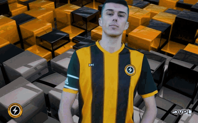 a man in a yellow and black striped shirt with a lightning bolt on the front