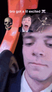 a man in a suit has a skeleton and a skull on his head