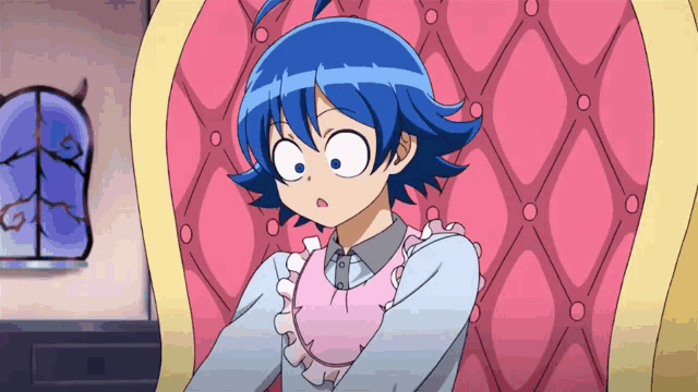 a cartoon character with blue hair is sitting in a chair
