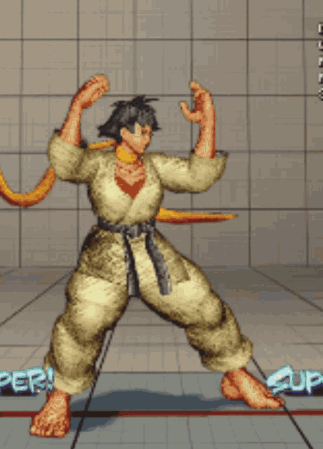 a video game character is standing in front of a sign that says " super "