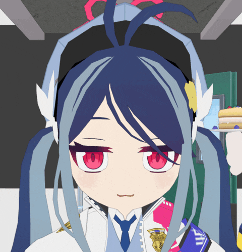 a cartoon character with blue hair and red eyes is wearing headphones and a tie