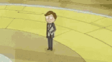 a cartoon character is dancing on a stage in a yellow room .