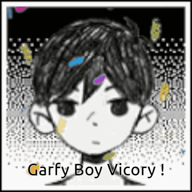 a black and white drawing of a boy with the words garfy boy vicory written on it