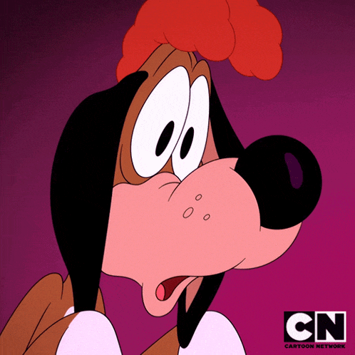 a cartoon dog with a red hat and the cn logo on the bottom