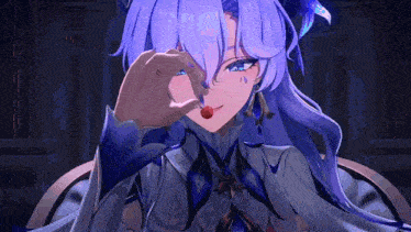 a girl with purple hair is holding a red cherry in her hand .