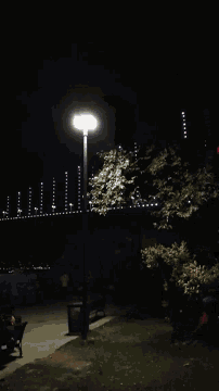 a very tall building is lit up at night with a street light in the foreground