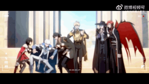 a group of anime characters standing next to each other in front of a building