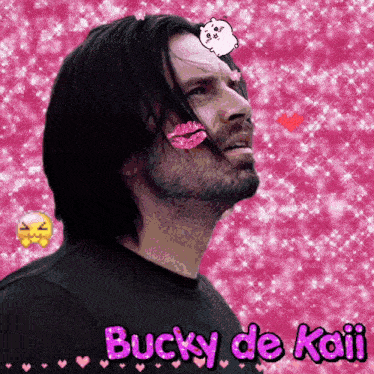 a picture of a man with a kiss on his face and the words bucky de kaii on the bottom