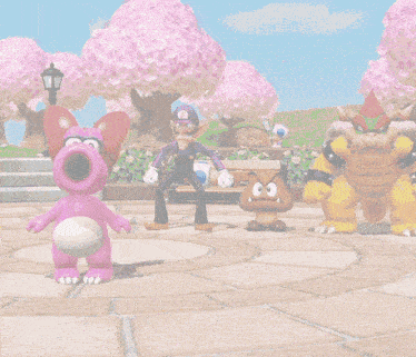 a group of cartoon characters are standing on a sidewalk