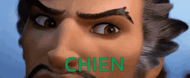 a close up of a man 's face with the word chien written in green