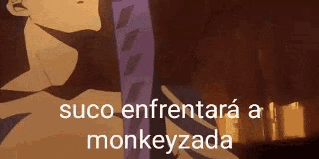 a man in a purple tie is standing in front of a fire with the words suco enfrentara a monkeyzada .