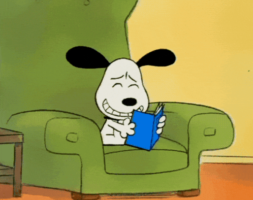 a cartoon dog is sitting in a chair reading a book