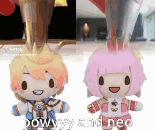 two stuffed dolls are standing next to each other with the caption " powyy and neo " on the bottom