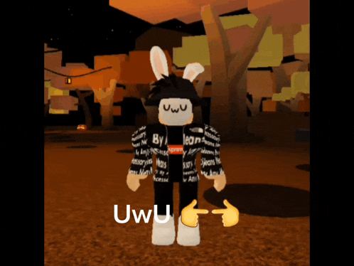 a person wearing a bunny mask and a supreme shirt is giving a thumbs up sign