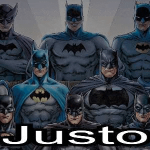 a group of batman standing next to each other in a row .