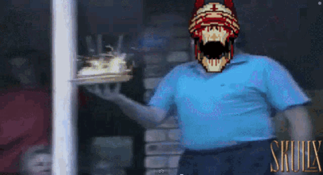 a man in a blue shirt is holding a tray with a skull on his head