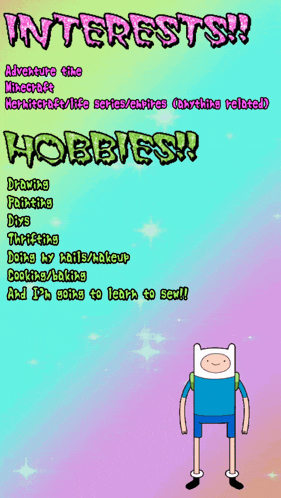 a cartoon character is standing in front of a list of interests and hobbies