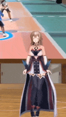 a woman in a long dress is standing on a basketball court in front of a basketball player .