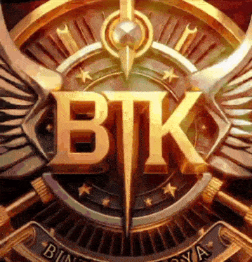 a logo for btk with wings and stars on it